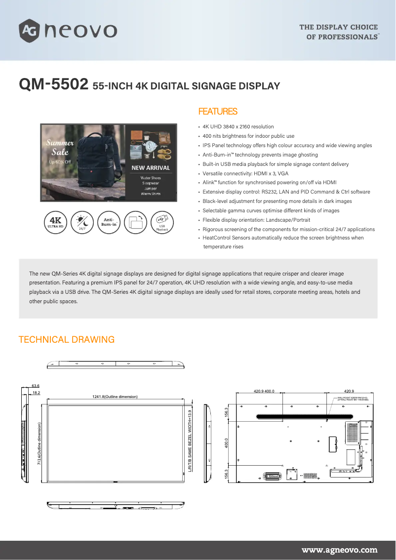 Page 1 de la notice Fiche technique AG Neovo QM-5502