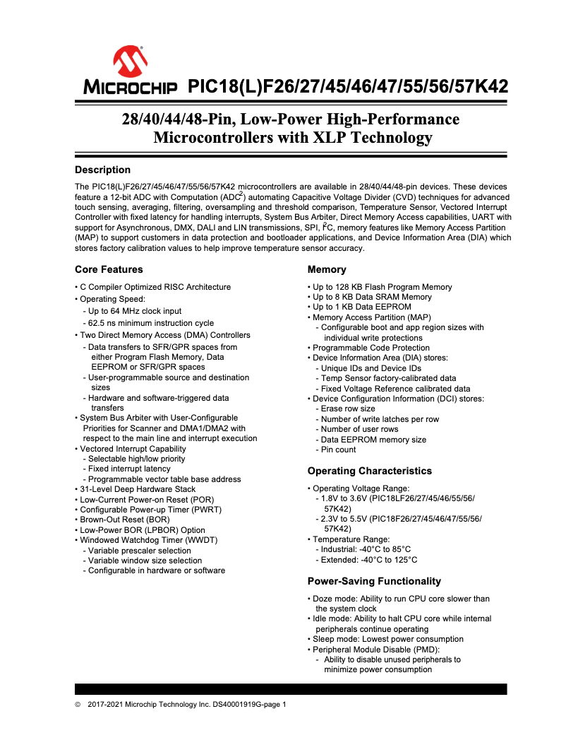 Page 1 de la notice Fiche technique Microchip PIC18F46K42