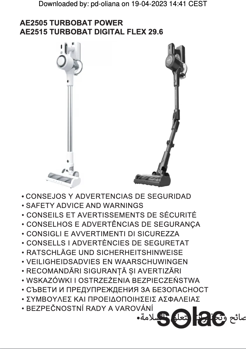 Page 1 de la notice Instructions de sécurité Solac Turbobat Digital Flex 29.6V AE2515