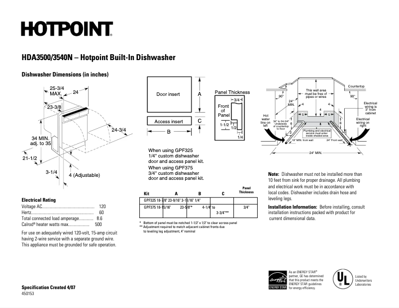 Page 1 de la notice Fiche technique Hotpoint HDA3500NWW