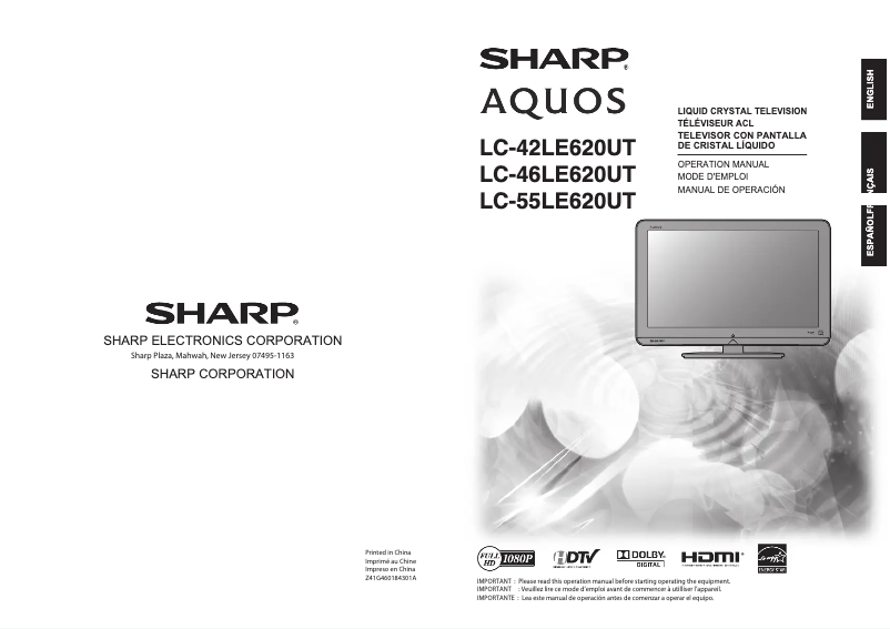 Image de la première page du manuel de l'appareil Aquos LC-42LE620UT