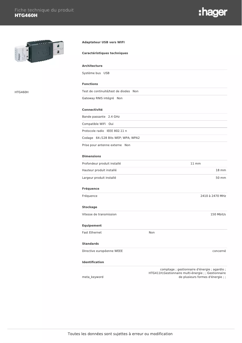 Page 1 de la notice Fiche technique Hager HTG460H