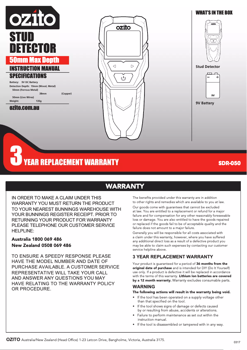 Page n°1 - Manuel utilisateur Ozito SDR-050