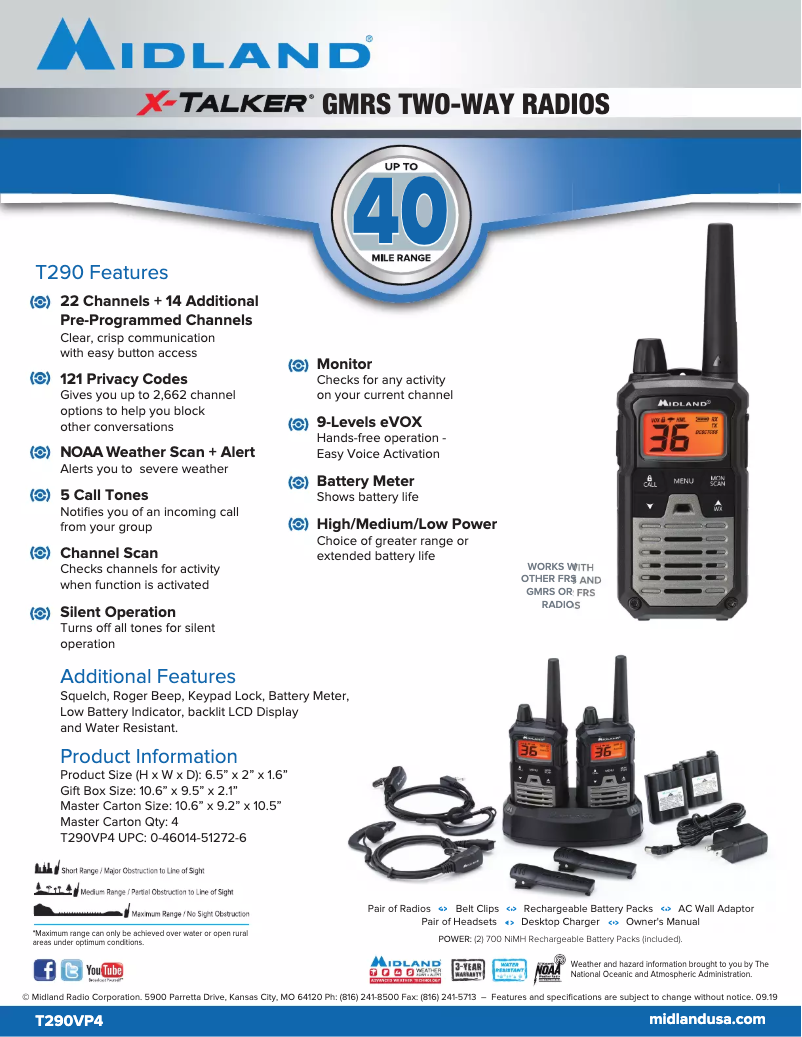 Page 1 de la notice Fiche technique Midland X-Talker T290
