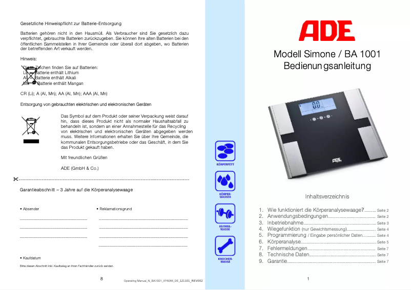 Page 1 de la notice Manuel utilisateur ADE Simone BA 1001