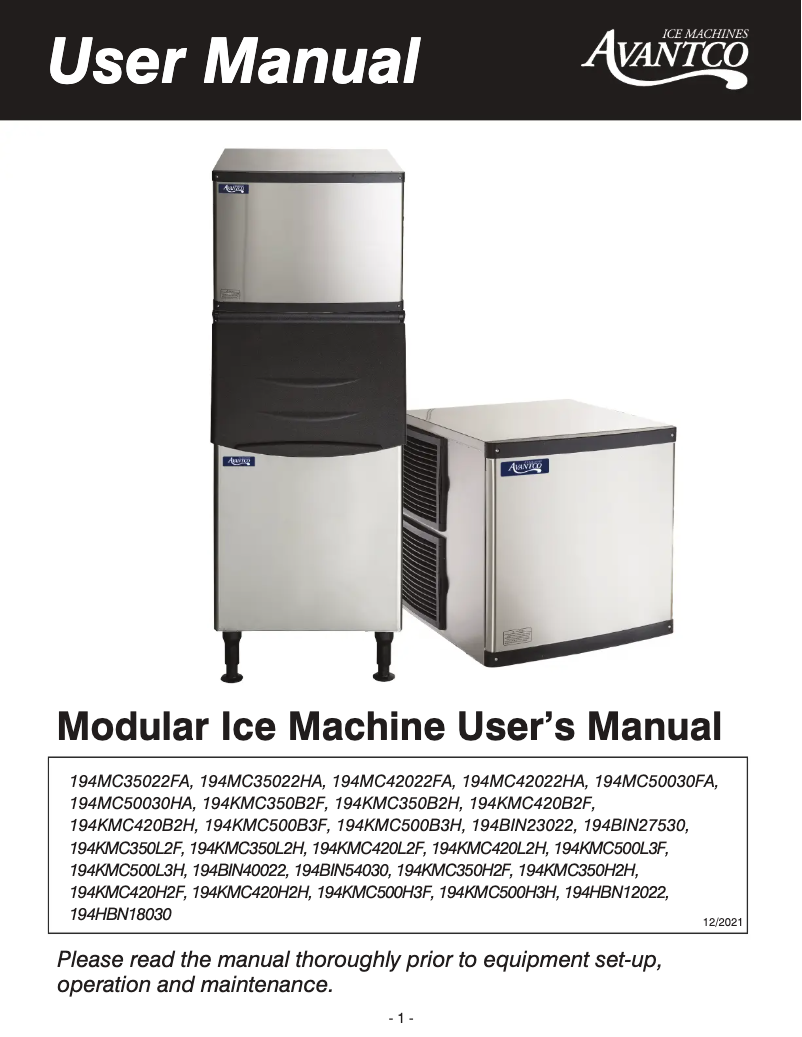 Page n°1 - Manuel utilisateur Avantco Ice KMC-500-L3F