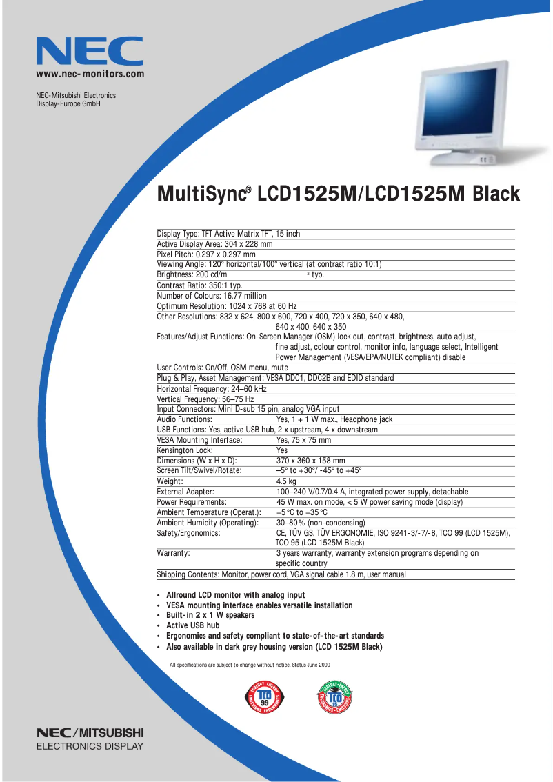 Imagen de la primera página del manual del dispositivo MultiSync LCD1525MBK