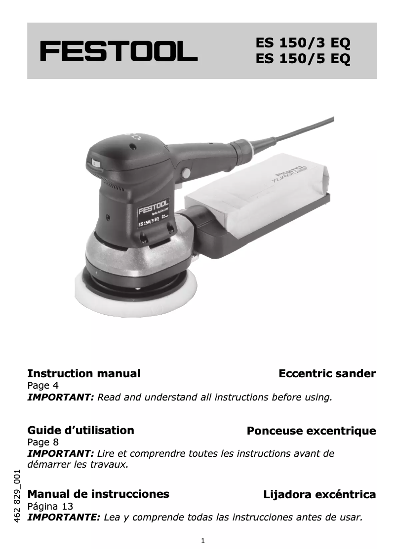 Page 1 de la notice Manuel utilisateur Festool ES 150/3 EQ