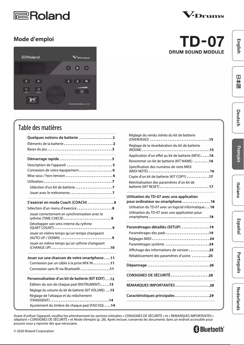 Page n°1 - Manuel utilisateur Roland TD-07KVX