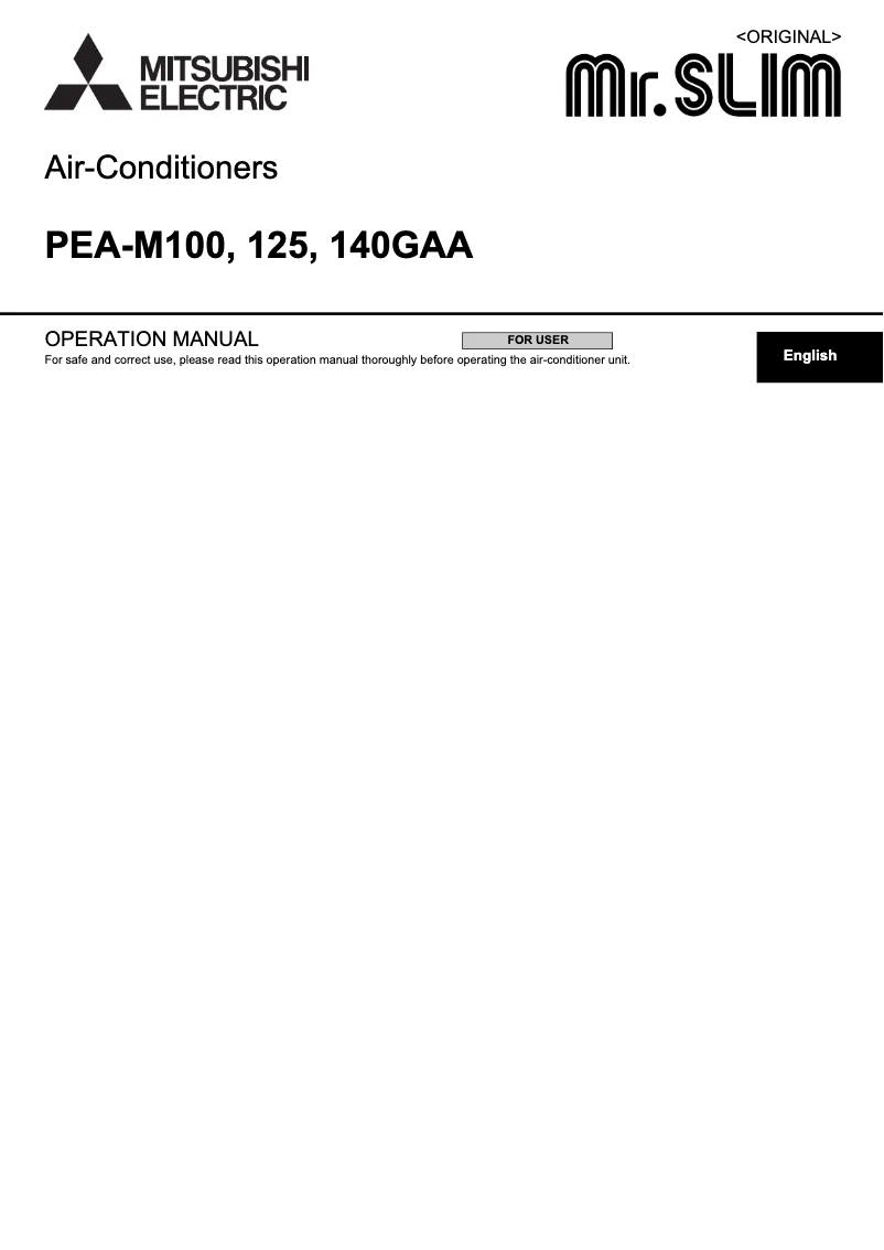 Page 1 de la notice Manuel utilisateur Mitsubishi PEA-M100GAA