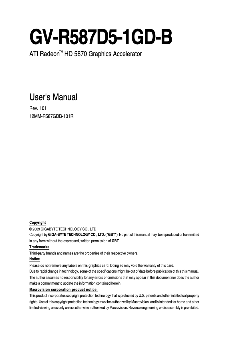 Page 1 de la notice Manuel utilisateur Gigabyte Radeon HD 5870 1024MB