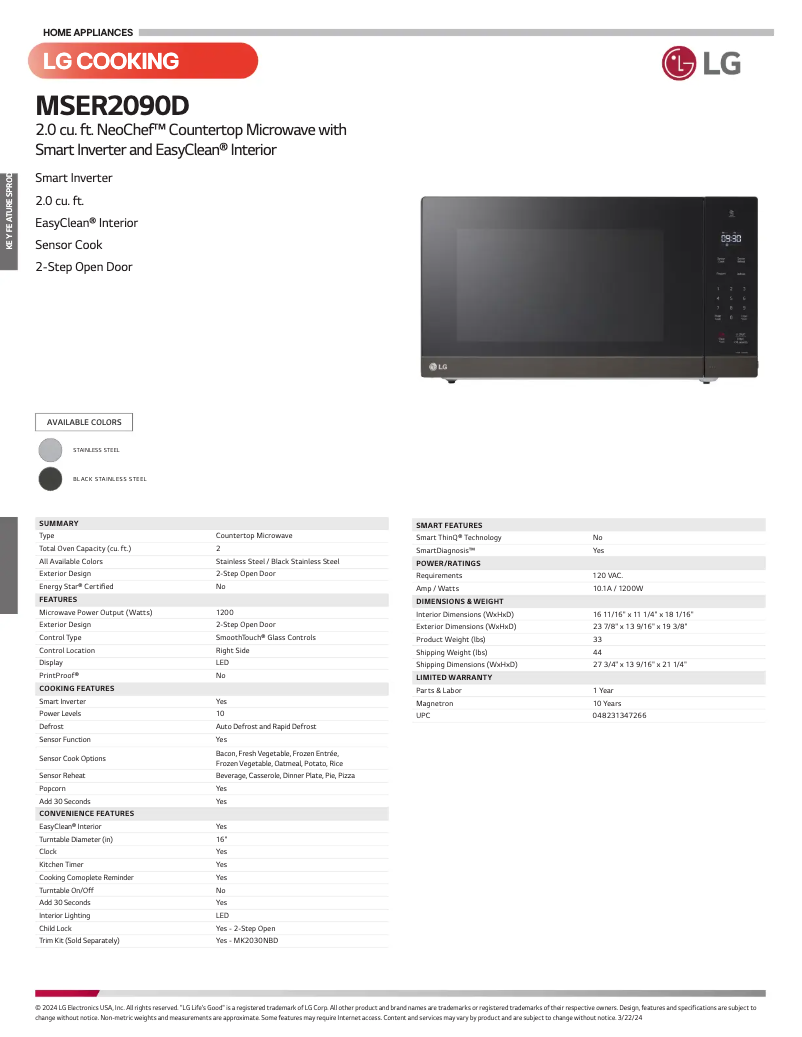 Page 1 de la notice Fiche technique LG MSER2090D