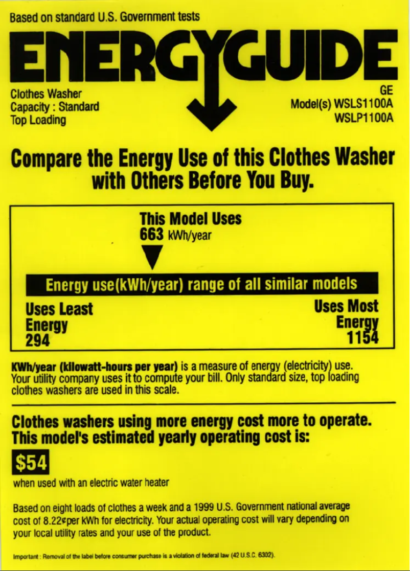 Página 1 del manual Etiqueta energética GE WSLS1100AWW