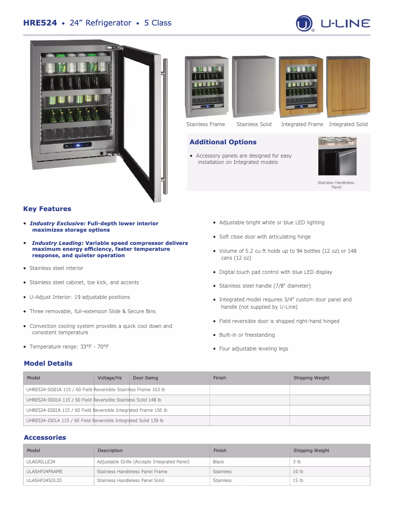 Page n°1 - Fiche technique U-Line UHRE524-SS01A