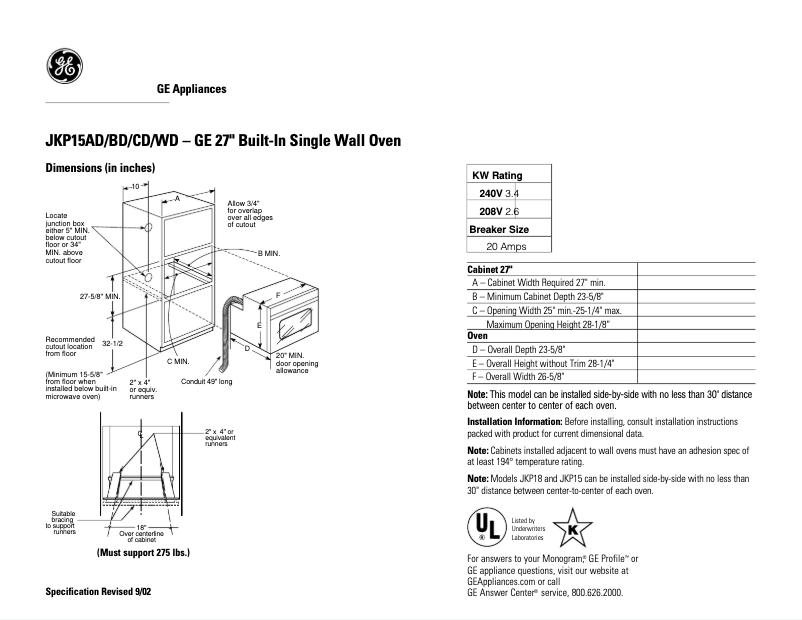 Página 1 del manual Ficha técnica GE JKP15BDBB