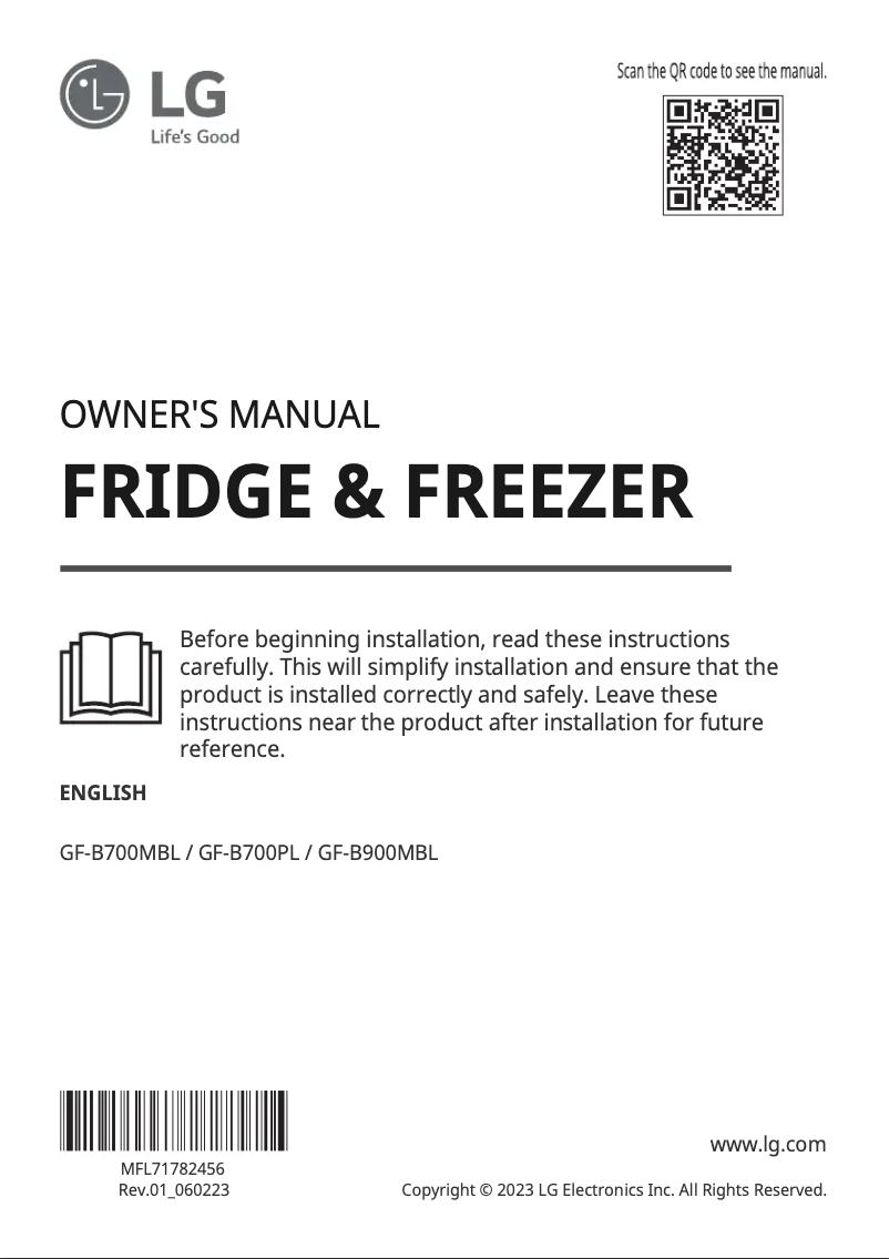 Page 1 de la notice Manuel utilisateur LG GF-B700MBL