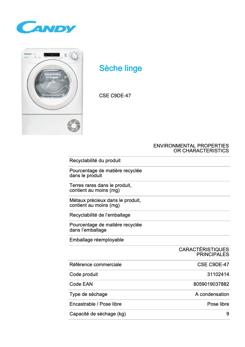 Page 1 de la notice Fiche technique Candy CSE C9DE-47