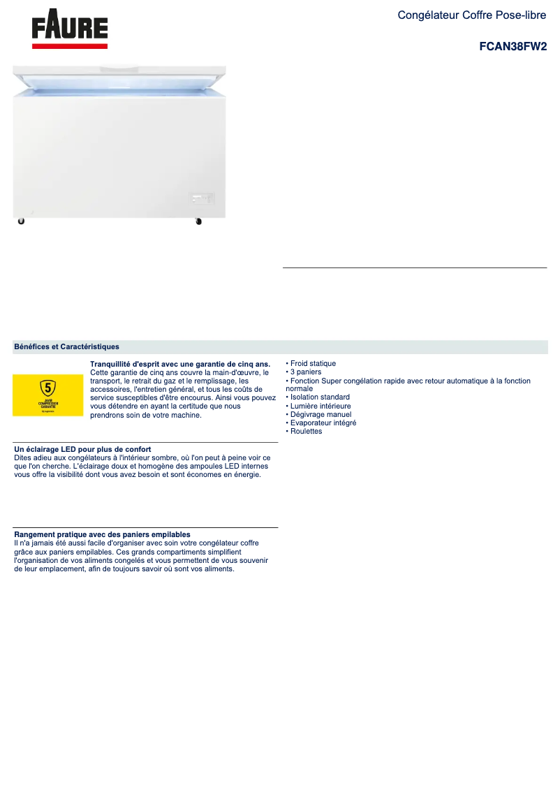 Page 1 de la notice Fiche technique Electrolux FCAN38FW2
