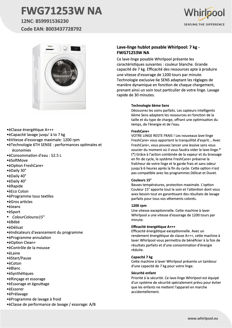 Imagen de la primera página del manual del dispositivo FWG71253W