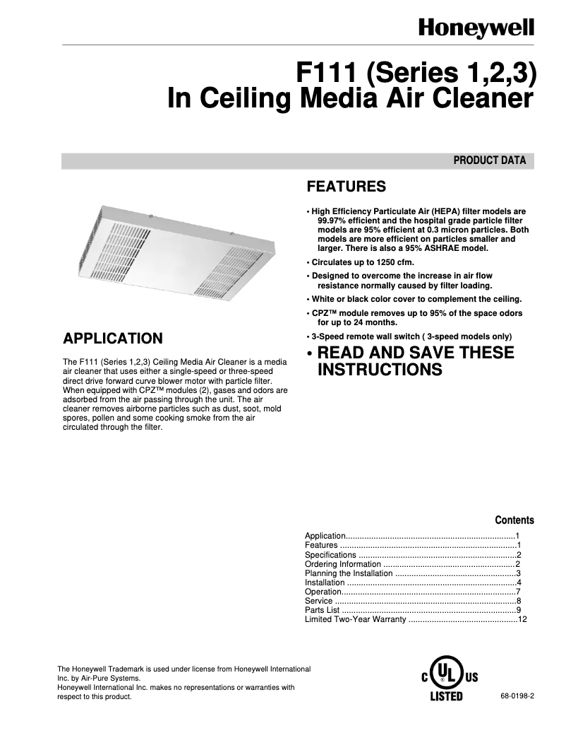 Page 1 de la notice Mode d'emploi Honeywell F111A1253W-3S