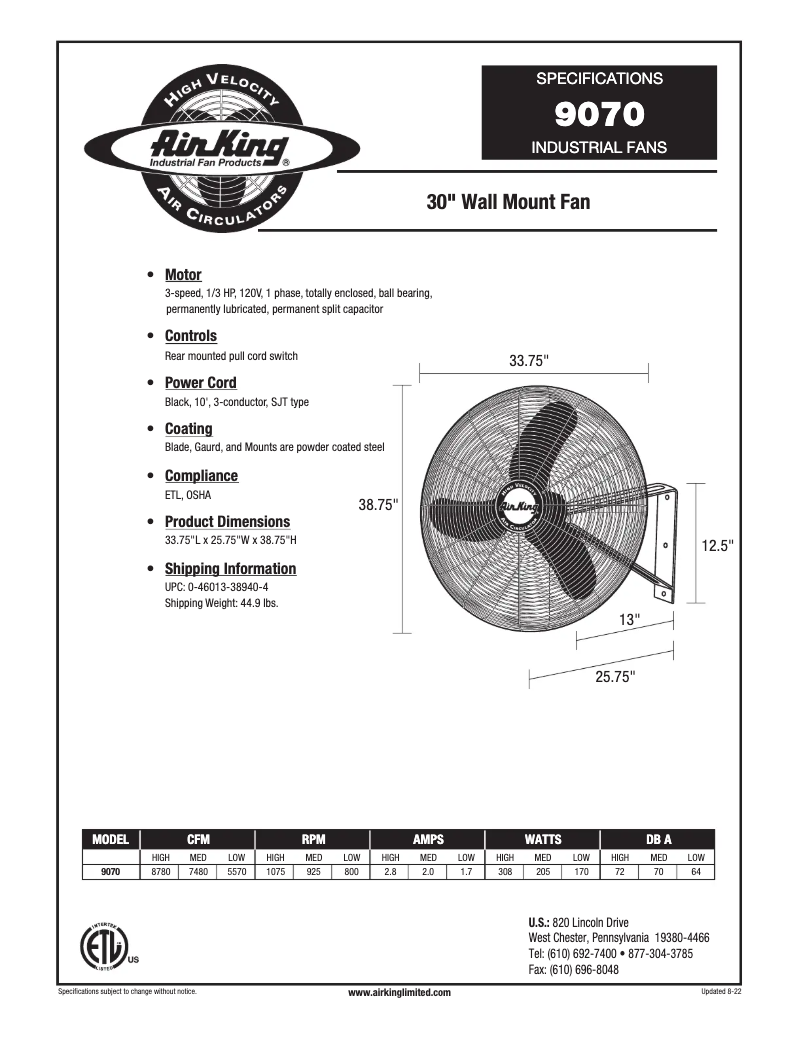 Page 1 de la notice Fiche technique Air King 9070