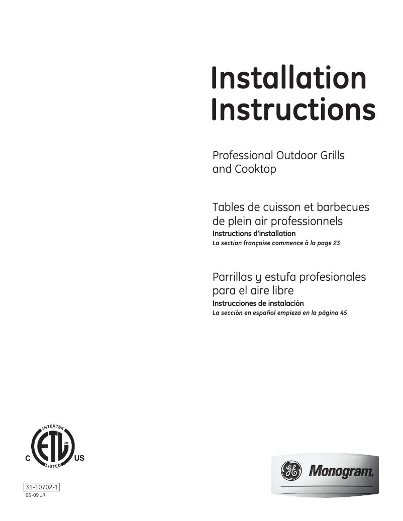 Page n°1 - Guide d'installation GE ZGG542LCPSS