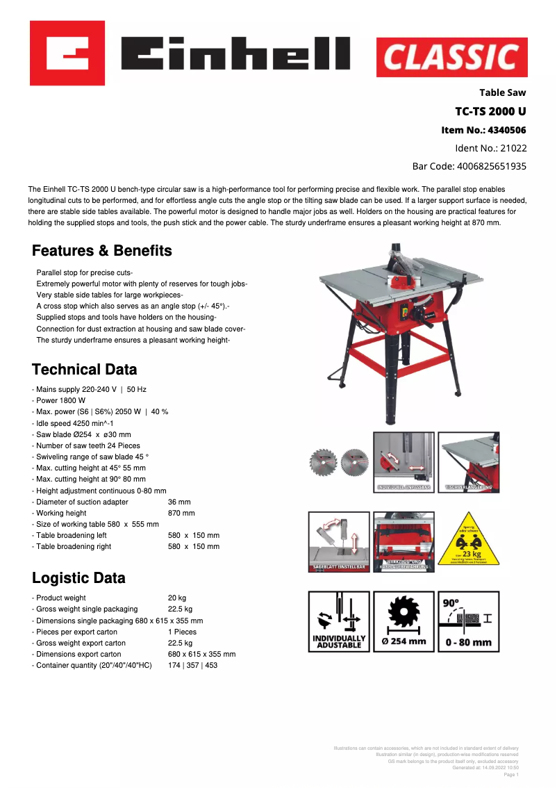 Page n°1 - Fiche technique Einhell TC-TS 2000 U