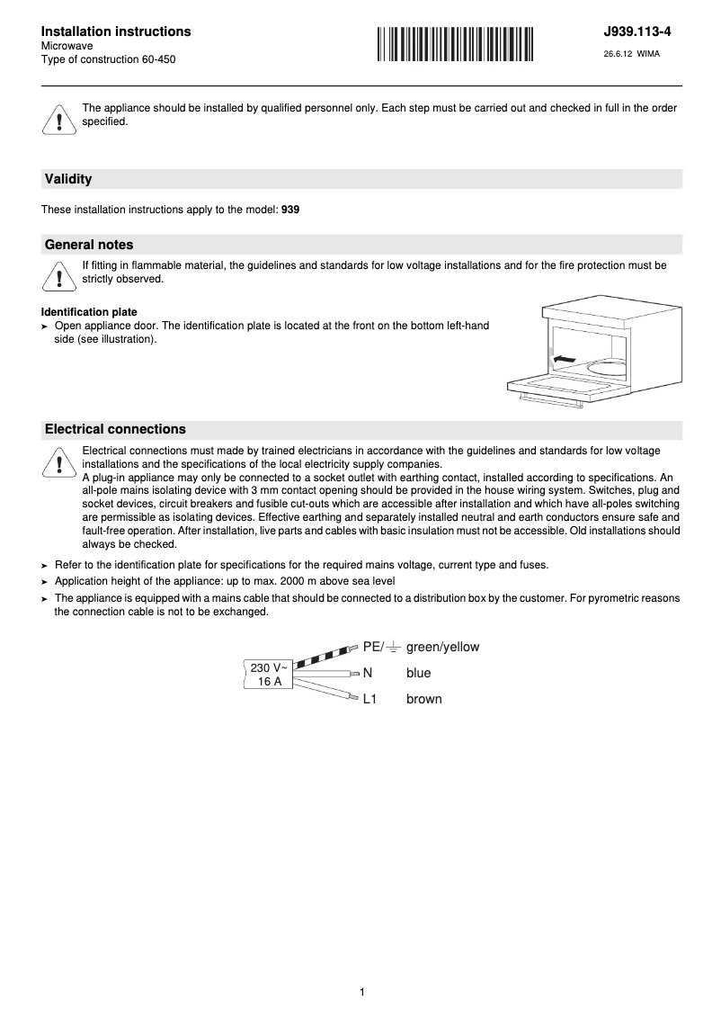 Page 1 de la notice Guide d'installation V-Zug MWCXSL60