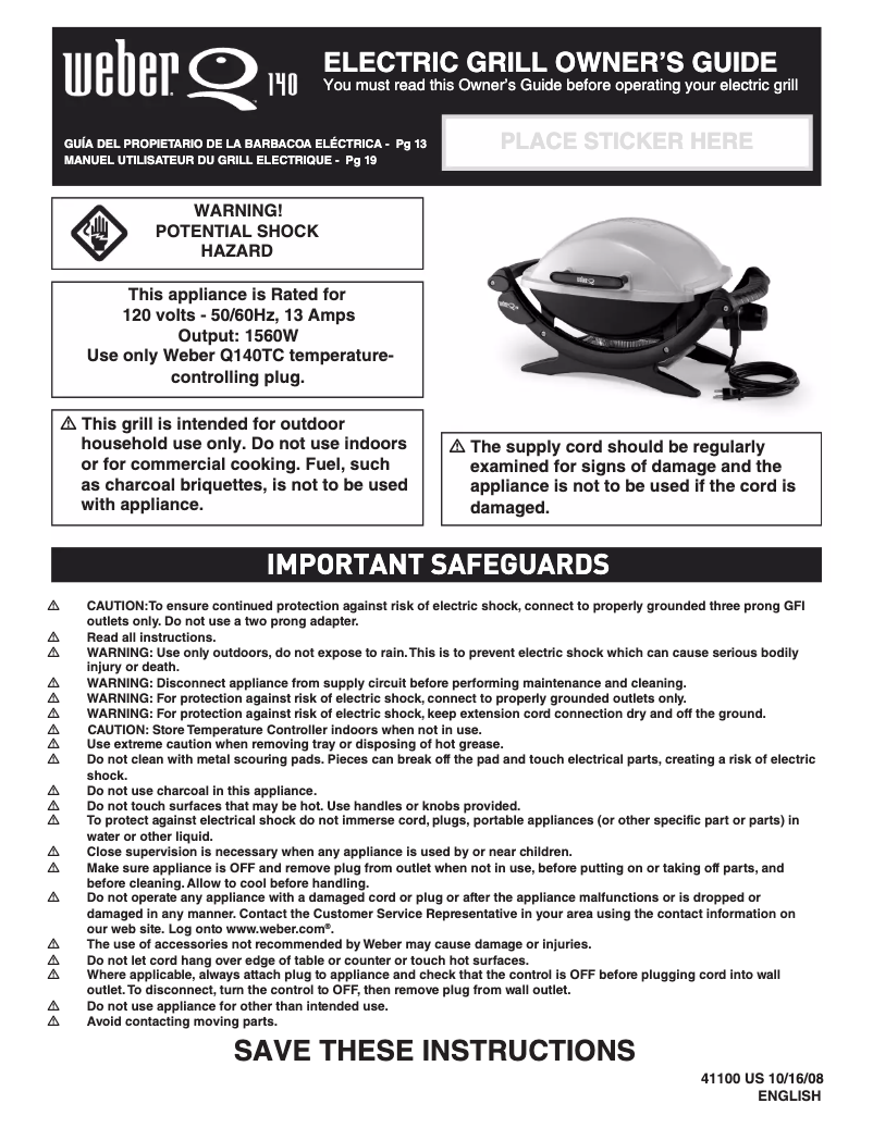 Page n°1 - Manuel d'utilisation et d'entretien Weber Q140