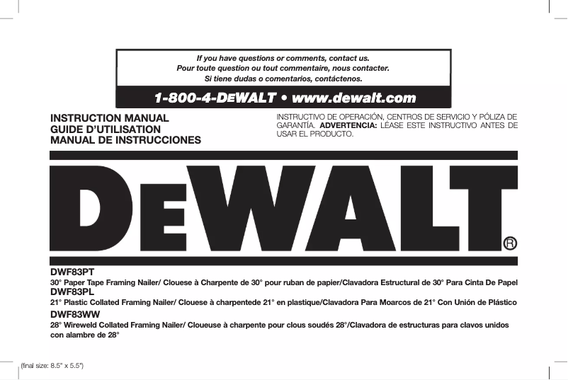 Page 1 de la notice Manuel utilisateur DeWalt DWF83WW