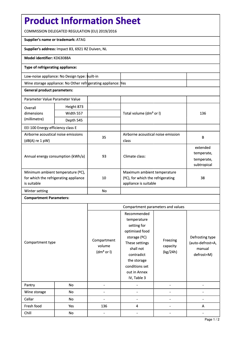 Page 1 de la notice Fiche technique Atag KD63088A