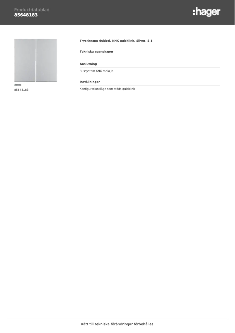 Page n°1 - Fiche technique Hager 85648183