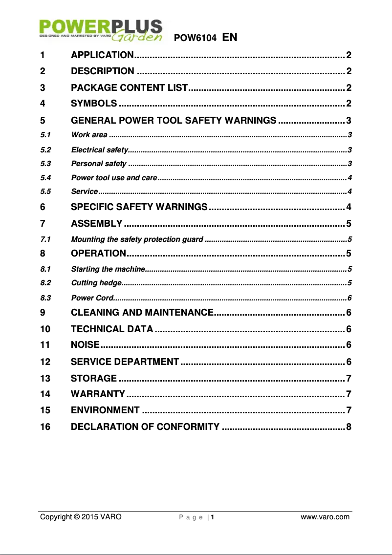 Page n°1 - Manuel utilisateur PowerPlus POW6104
