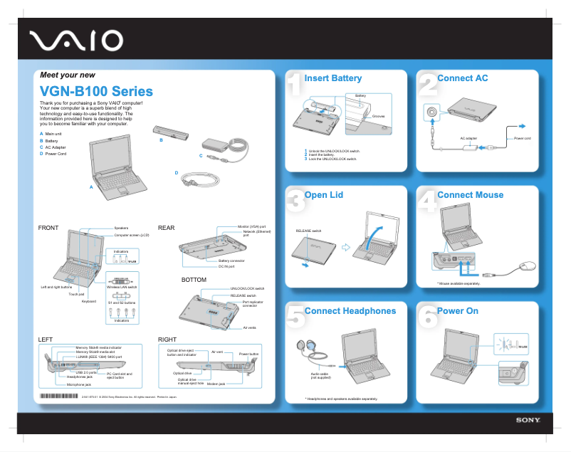 Page 1 de la notice Guide d'installation Sony Vaio VGN-B100P
