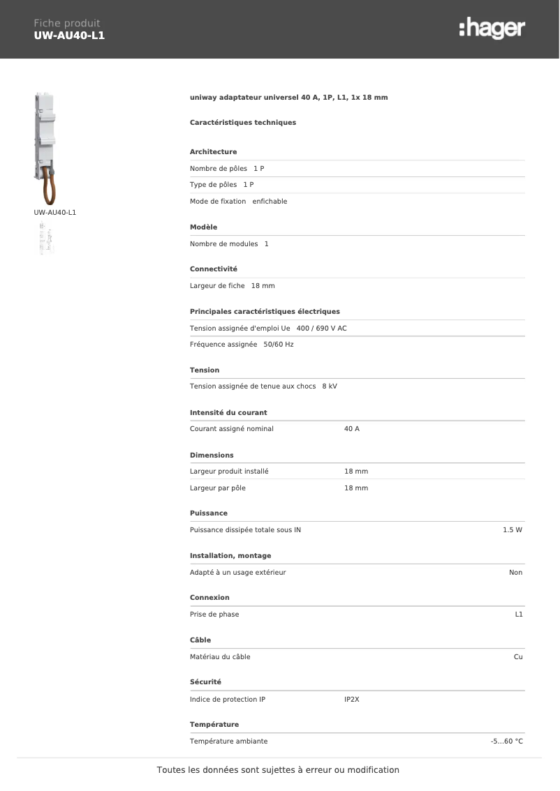 Page 1 de la notice Manuel utilisateur Hager UW-AU40-L1