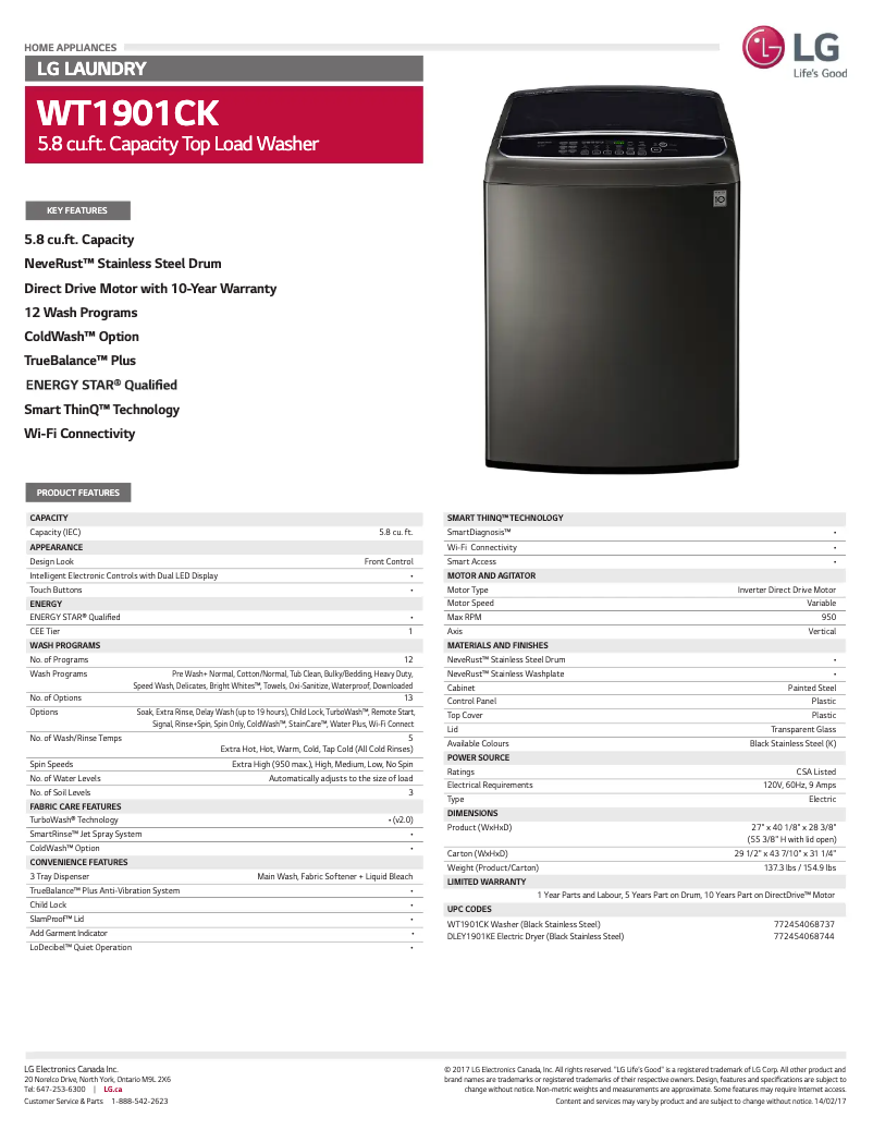 Page 1 de la notice Fiche technique LG WT1901CK