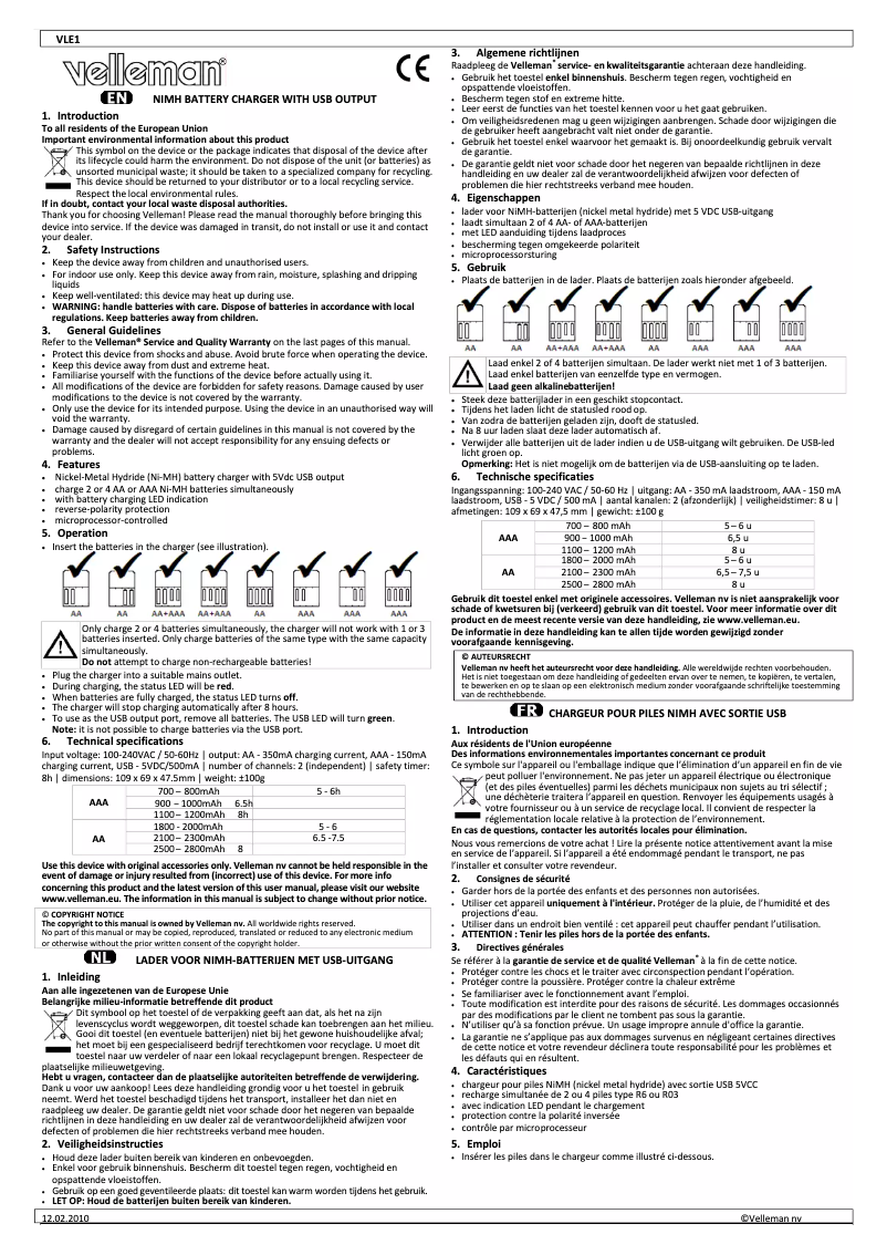 Page 1 de la notice Manuel utilisateur Velleman VLE1