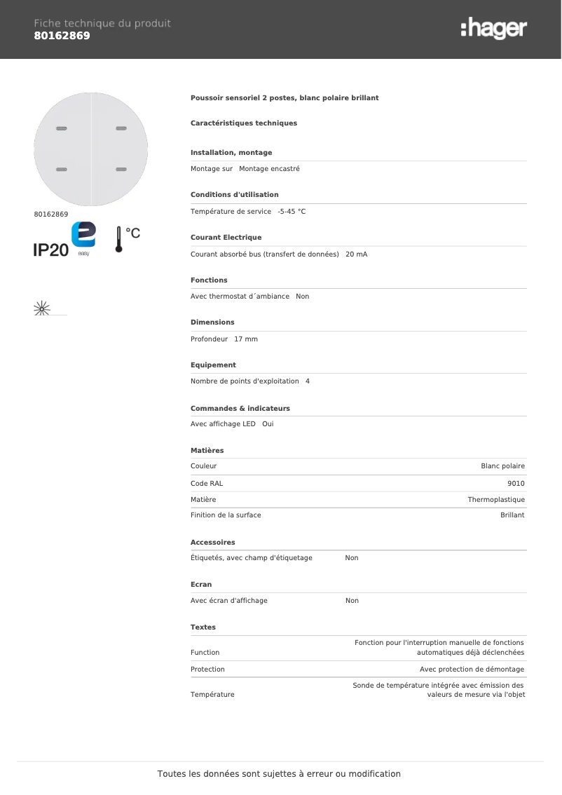Page 1 de la notice Fiche technique Hager 80162869