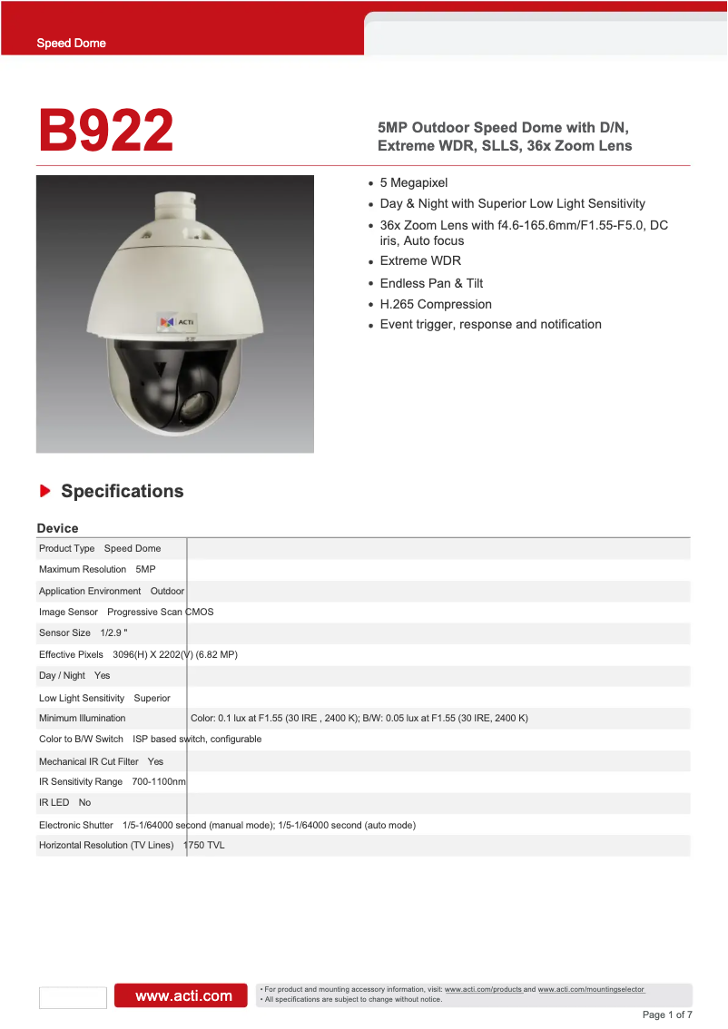 Page 1 de la notice Fiche technique ACTi B922