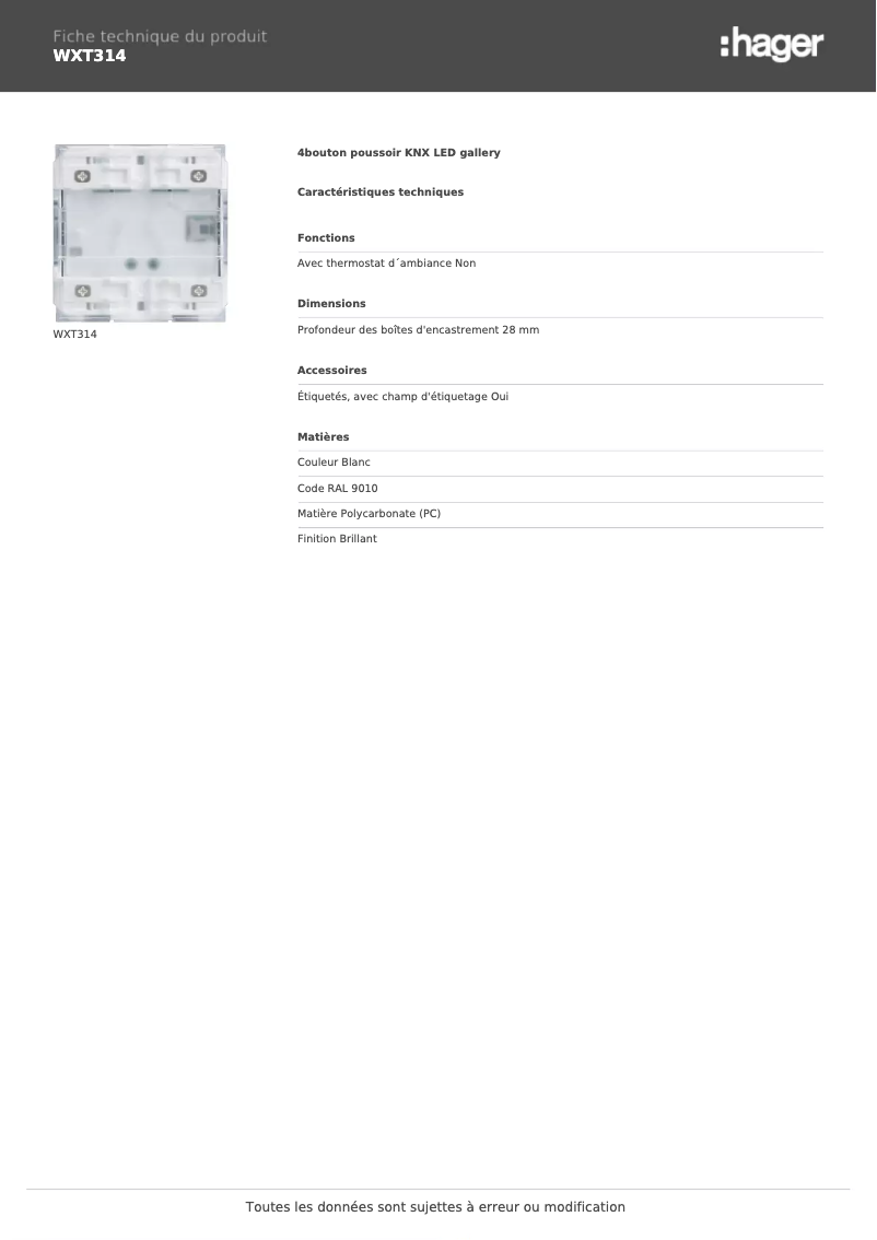 Page 1 de la notice Fiche technique Hager WXT314
