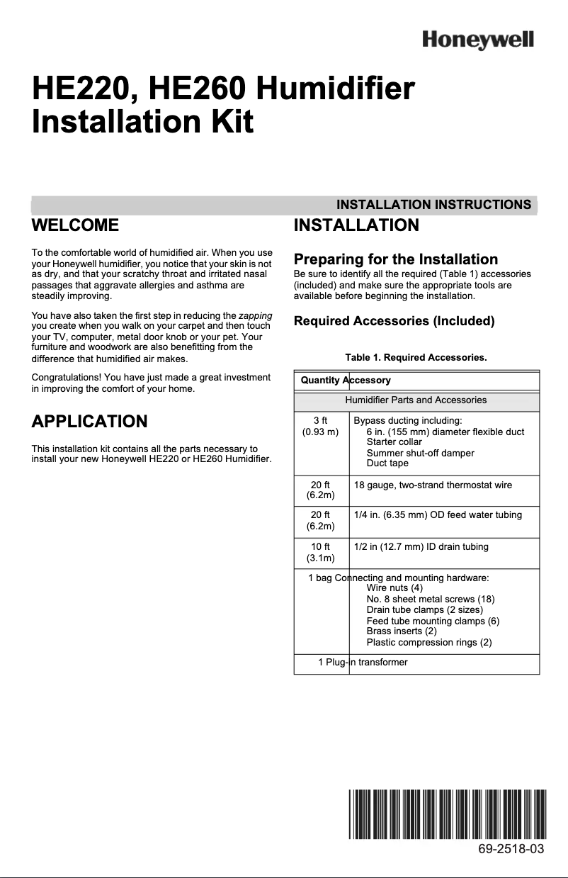 Page 1 de la notice Manuel utilisateur Honeywell HE220