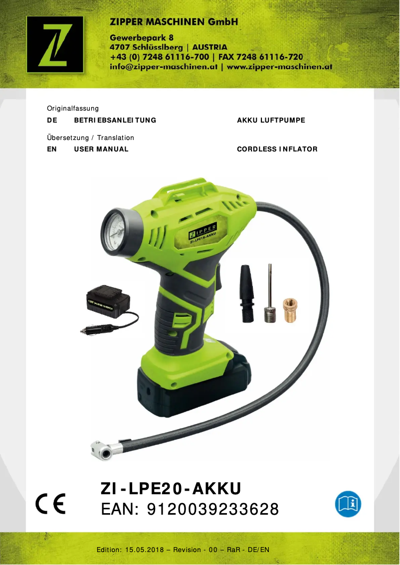 Page 1 de la notice Manuel utilisateur Zipper ZI-LPE20-AKKU