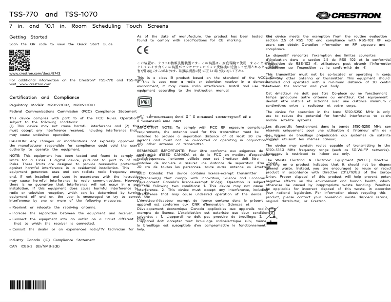 Page 1 de la notice Manuel utilisateur Crestron TSS-1070-B-S-LB KIT