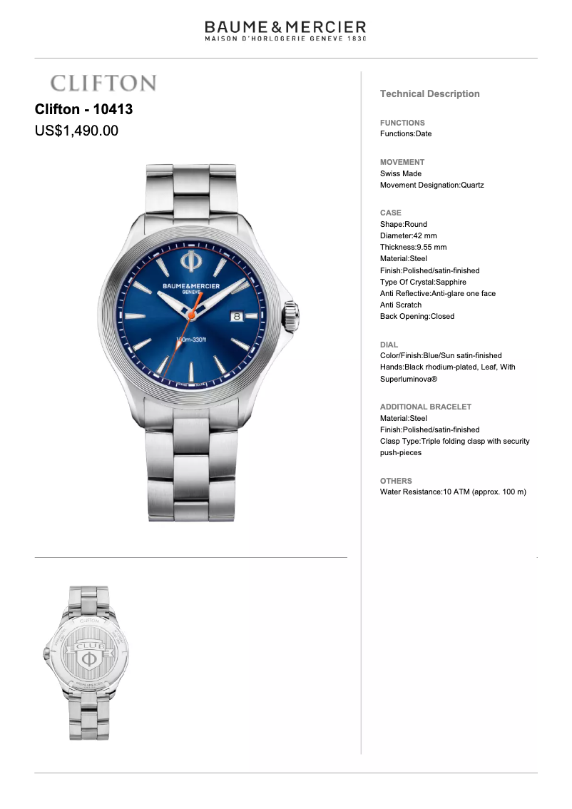 Page 1 de la notice Manuel utilisateur Baume & Mercier Clifton 10413