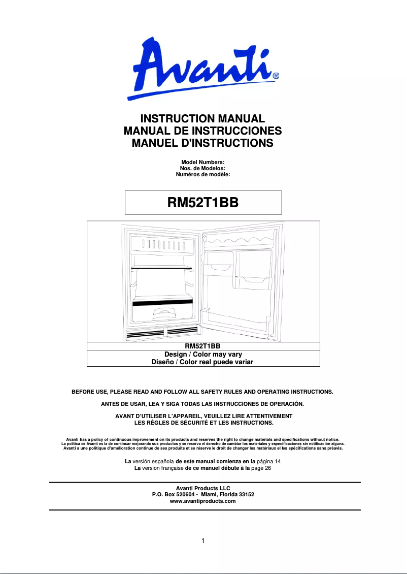 Page 1 de la notice Manuel utilisateur Avanti RM52T1BB