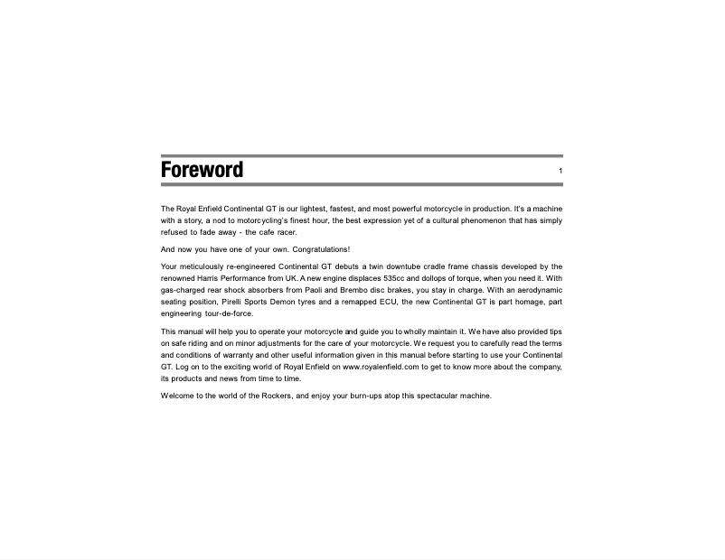 Page 1 de la notice Manuel utilisateur Royal Enfield Continental GT (2013)