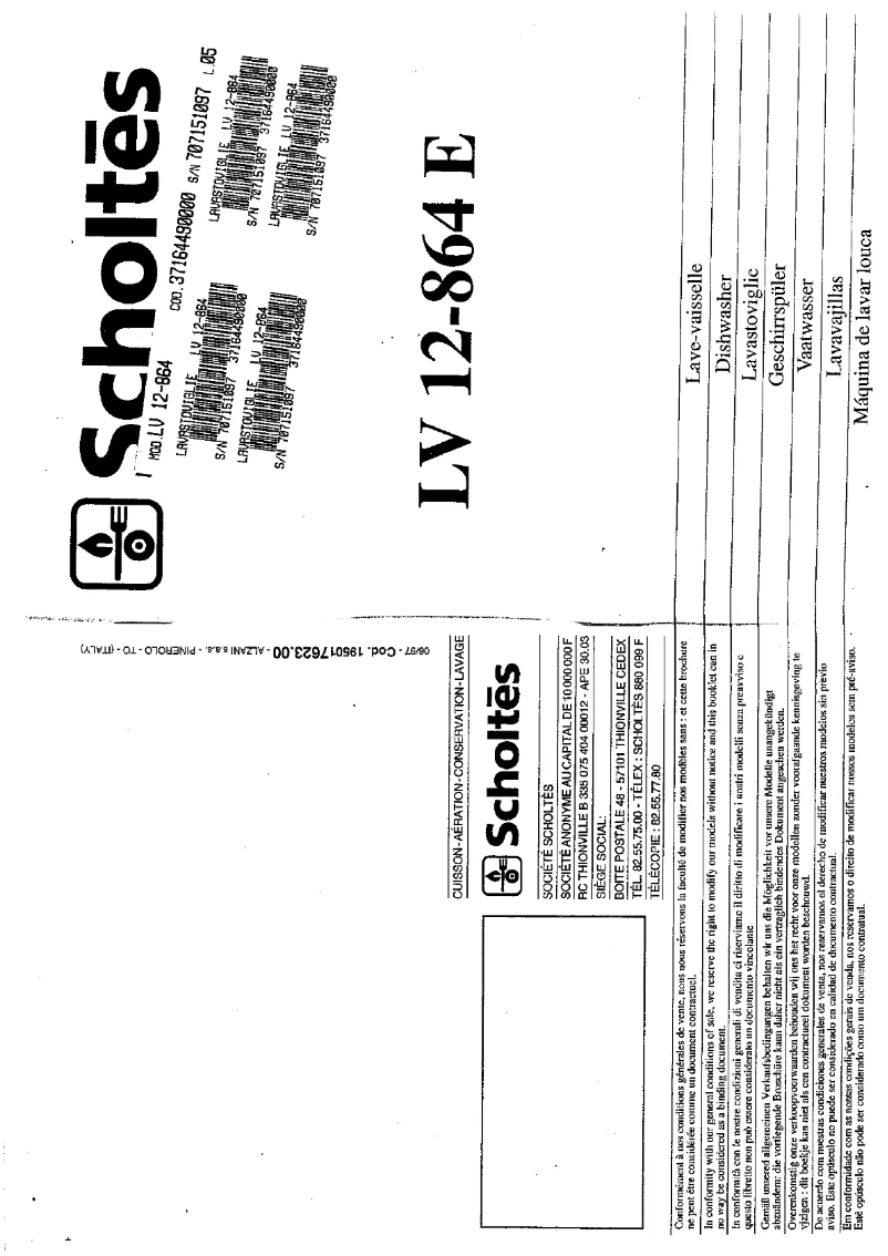 Page n°1 - Manuel utilisateur Scholtès LV 12-864 E