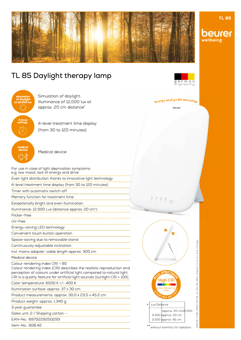 Page 1 de la notice Fiche technique Beurer TL 85