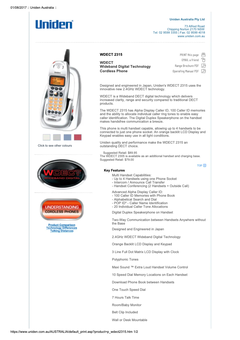 Page n°1 - Manuel utilisateur Uniden WDECT 2315