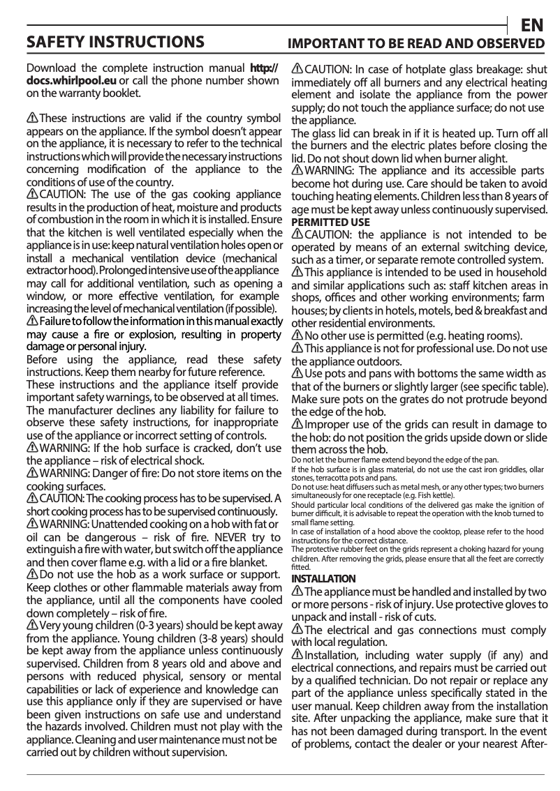 Page 1 de la notice Instructions / montage Whirlpool AKT 6465/NB